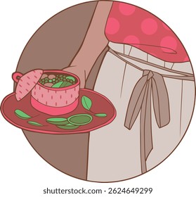 Woman serving soup in retro cartoon style illustration