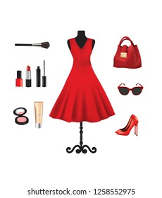 Woman set. bag, dress, glasses, shoes and cosmetics. vector illustration