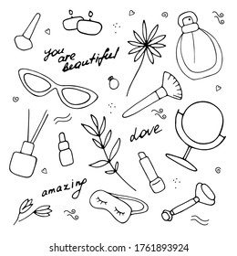 Woman set. Beauty accessories and cosmetic products. Skin care collection. You are beautiful and amazing. Hand drawn doodle vector graphic