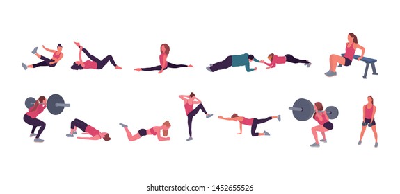 Woman set at gym. Vector flat isolated illustration