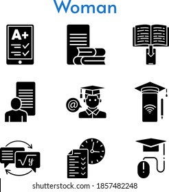 woman set. included ereader, study, ebook, smartphone, test, online-learning, student, homework, elearning icons. filled styles.