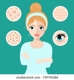 Woman and set of most common female facial skin problems needs to care about: acne, pimples, wrinkles, dry skin, blackheads, dark circles under eyes.Vector illustration