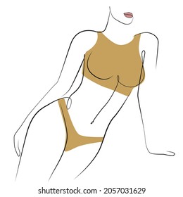 Woman in a set of sand-colored underwear stands leaning on the palm one line drawing on white isolated background
