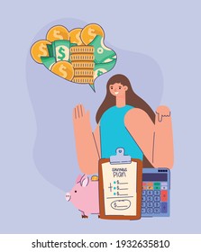 woman and set of saving management icons vector illustration design