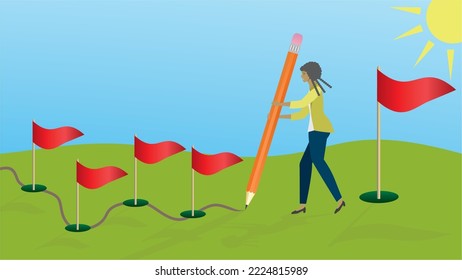 Woman set the small goals towards the big goal. Vector illustration.