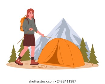 Woman set up tent. Female character outdoor adventure and camping, active tourist girl setting up tent flat vector illustration. Camping outdoor scene