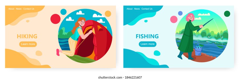 Woman set up tent. Girl fishing in a river. Outdoor travel and camping vector concept illustration. Female fisher catch a fish. Web site design template