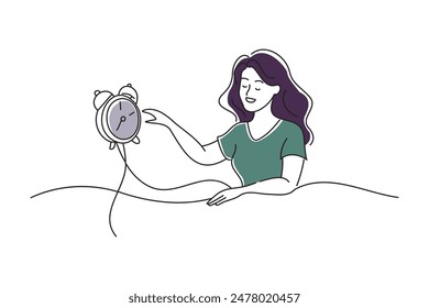 Woman setting an alarm clock and going to sleep, doodle continuous line art vector illustration