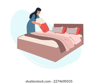 Una mujer está preparando una cama con almohada. Ilustración del vector