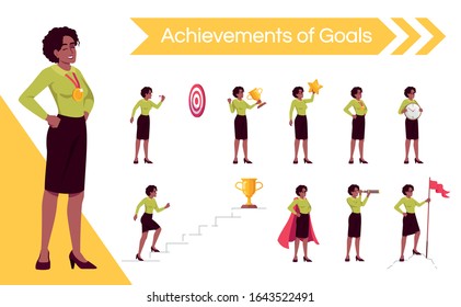 Woman setting goals flat vector illustrations set. Female office worker moving up career ladder isolated cartoon one character kit. Triumphant businesswoman achieving aims, gaining recognition