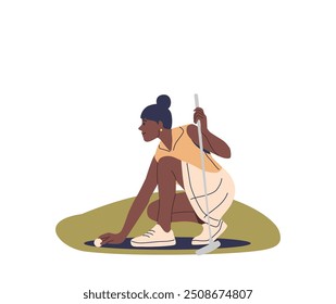 Woman Setting Up Golf Ball On Green, Ready To Putt, Fun And Relaxing Sport Activity, Cartoon Vector Illustration