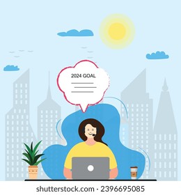 woman setting new year goals in front of computer.New Year 2024 resolutions,goals idea concept.