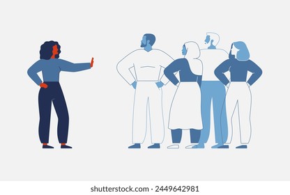 Woman setting personal boundaries during communication with friends and colleagues. Female Defending her privacy comfort zone. Self respect and Healthy relationships on workplace. Vector illustration