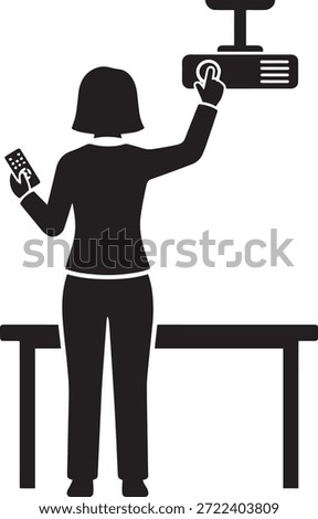 Woman setting up projector vector icon. Female employee adjusting ceiling-mounted video projector with remote control. Office presentation preparation symbol. Solid glyph style.