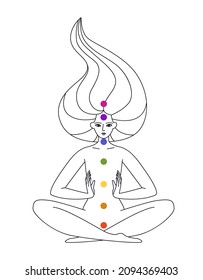 Woman and seven chakras outline. A woman controls her feminine energy through the chakras. Vector line illustration of holistic self-therapy isolated on white background.