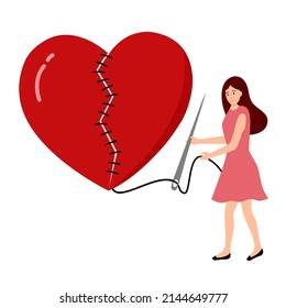Woman sewing broken red heart with needle in flat design on white background. Fixing broken heart pieces. Love return.