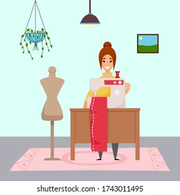 Woman sewing cloth or dress at sewing machine at home. Sewer working at distance work at home. Empty manequin, hanging pot with plant, lamp. Quarantine isolation at home. Leisure activities and hobby