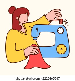 Woman sewing clothes with sewing machine. Flat design modern vector illustration concept
