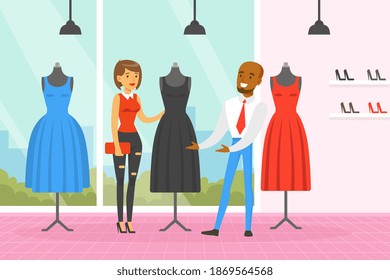 Woman Sewing Clothes at Tailor, Man Dressmaker Making Dress Cartoon Vector Illustration