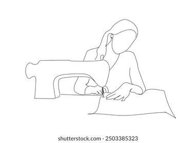 Woman Sewing illustration Silhouette of Woman sitting with sewing machine isolated. Continuous single drawn one line woman sews behind the sewing machine hand-drawn picture silhouette. Line art. 