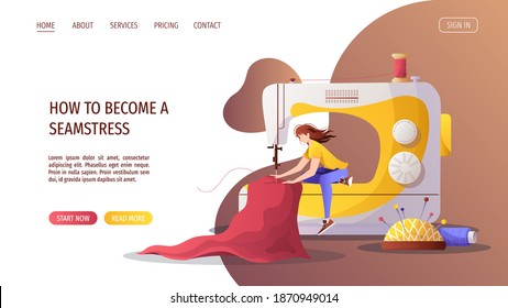 Woman with sewing machine. Cloth, pincushion, threads. Seamstress, sewing workshop or courses, tailoring, needlework, handicraft concept. Vector illustration for banner, advertising, poster, website.