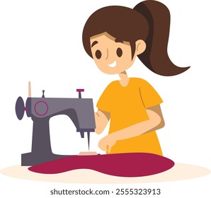 Woman with a sewing machine 
 and fabric. Seamstress, sewing workshop or courses, tailoring, needlework, handicraft concept. Vector illustration