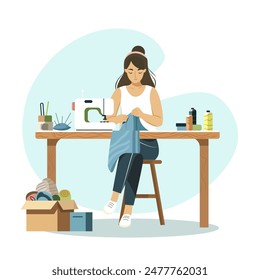 Woman sewing with a machine at a table, illustrated in a flat design style on a white and teal background. Concept of tailoring or crafts. Vector illustration