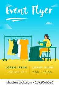 Woman sewing new dress on stitching machine. Seamstress, cloth, apparel flat vector illustration. Fashion and craftwork concept for banner, website design or landing web page