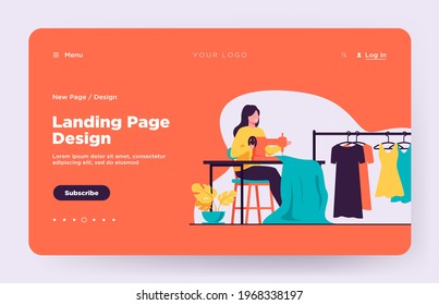 Woman sewing new dress on stitching machine. Seamstress, cloth, apparel flat vector illustration. Fashion and craftwork concept for banner, website design or landing web page