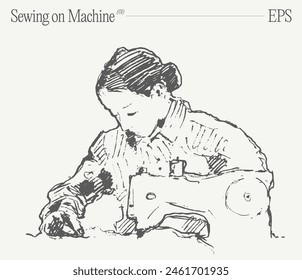 A woman sewing on machine. Hand drawn vector illustration, sketch.
