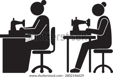 Woman sewing on machine at table, tailor at work, fabric crafting.