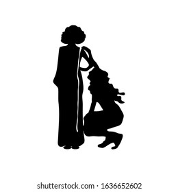 woman sews clothes silhouette tailor icon takes measurements from client, workshop vector illustration isolated on white for sewing business