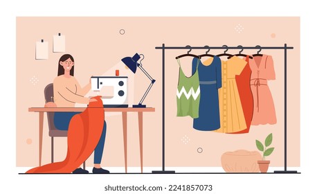 Woman sews concept. Young girl in workplace, hand work, trend and style. Handmade and atelier in workshop and fashion designer. Poster or banner for website. Cartoon flat vector illustration