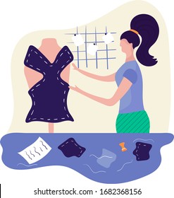 Woman sews dress and corset, concept and vector illustration, isolated on white background. Woman with pattern for embroidery character and hobbies for self improvement, best hobby. Cartoon style.