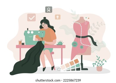 Woman sews fashionable clothes. Female seamstress uses sewing machine to make stylish clothes. Workplace of seamstress, tailor. Local, small business. Mannequin for fitting. Dressmaker at work. vector