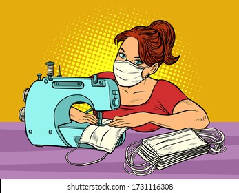 a woman sews medical masks. Clothing manufacture. Pop art retro vector illustration 50s 60s style