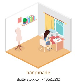 woman sews on the sewing machine. Isometric room interior. Flat 3D object.