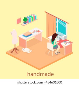 woman sews on the sewing machine. Isometric room interior. Flat 3D object.