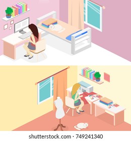 woman sews on the sewing machine. Isometric room interior. Flat 3D object.