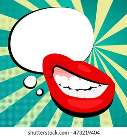 Woman Sexy Daring Red Lips, Icon Open Mouth. White Comic Text Round Cloud Message. Pop Art Red Lips Icon Comic Text. Shadow Pattern Dots. Hand Drawn Pop Art Lip Illustration.