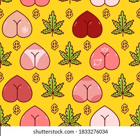 Woman sexy hot female buttocks heart,grass,marijuana weed cannabis leaf seamless pattern. Vector cartoon illustration design.Sexy buttocks,bottom,sex,ass,weed seamless pattern yellow wallpaper concept
