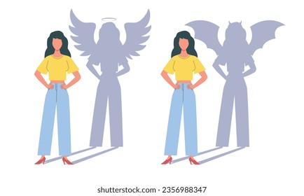 Woman with shadow of an angel and of devil. Female character heaven and hell symbol. Religion and ethnic morality. Girl with wings. Good and bad sign. Cartoon flat style vector concept