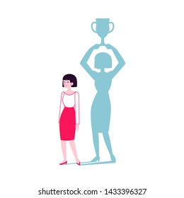 Woman with a shadow of winner holding the champion cup flat vector illustration isolated on white background. Business symbol of emancipation and motivation of success.