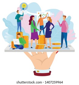 Woman Shake Hand Developer Team Report Growth Chart Hand with Phone Vector Illustration. Mobile Application Development Buy Operating Internet Business Make Financial Agreement Startup Investment