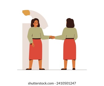 Woman shakes hands with her inner female. Be Kind and positive regard for yourself. Mental health concept of self-directed improvement of oneself. Girl is feeling good about ourselves and capabilities