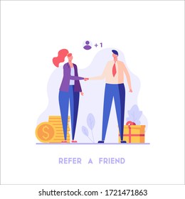 Woman shakes hands with a man. Refer a friend. Concept of referral program, inviting, business partnership, smm, cooperation. Vector illustration in flat design for UI, banner, mobile app