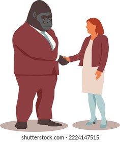 Woman shaking hand with a gorilla in a suit