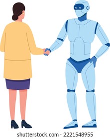 Woman shaking hands with robot. Cyber human friendship isolated on white background
