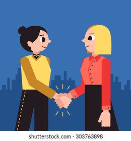 Woman shaking hands vector background. Female handshake cartoon minimalistic style.