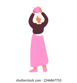 Woman shaking pink piggy bank with coins. Unhappy female in financial crisis and difficulties. Bankrupt girl suffer from poverty, debt and credit. Cartoon flat vector illustration